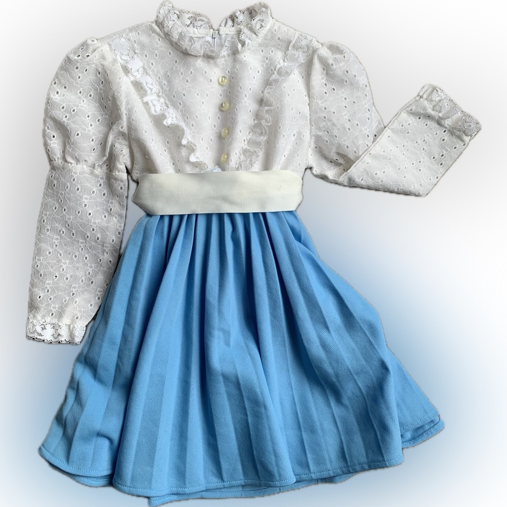 Vintage girls long sleeve dress with blue & white eyelet, versatile bow, girls 4